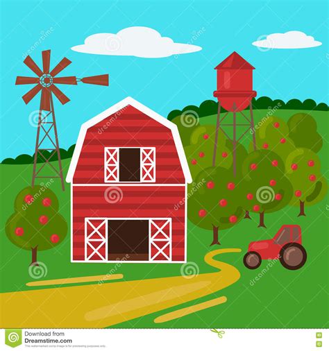 Farm Landscape With Barn Tractor And Windmill Stock Vector