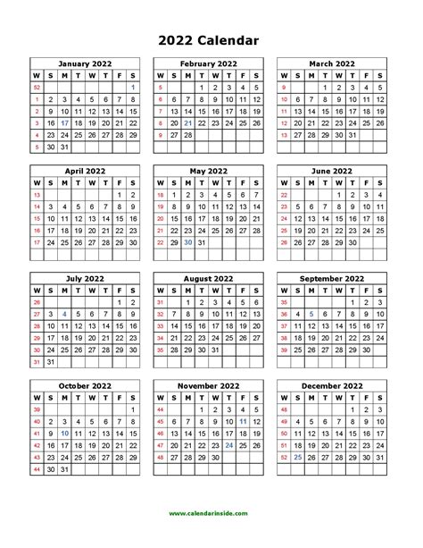2022 Calendar Template Word 2022