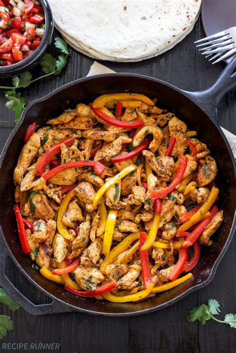 A classic mexican recipe, juicy chicken is seasoned, seared and cooked to perfection, then tossed with sauteed bell peppers and onions. Skillet Chicken Fajitas - Recipe Runner