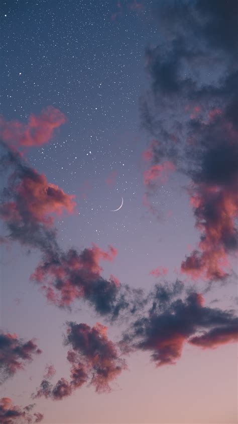Wallpaper Sky Clouds Pink Moon Stars Night