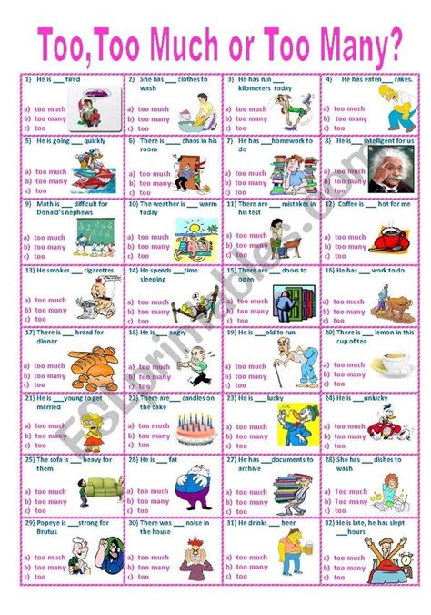 Too Too Much Too Many MULTIPLE CHOICE EXERCISE EDITABLE ESL Worksheet By Saladinos