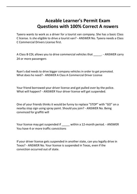 Aceable Learner's Permit Exam Questions with 100% Correct A nswers