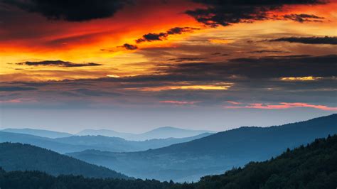 Green Covered Mountains Under Reddish Black Cloudy Sky During Sunset Hd