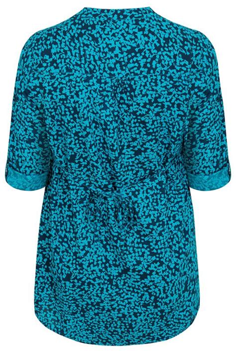 Teal And Navy Floral Print Blouse With Open Neck And Roll Up Sleeves Plus