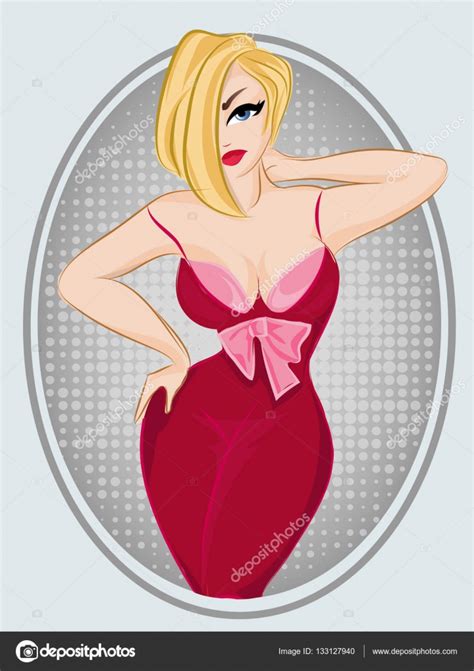 Beautiful Pin Up Sexy Woman Wearing Red Dress Pop Art Blonde Girl Vector With Dots Background