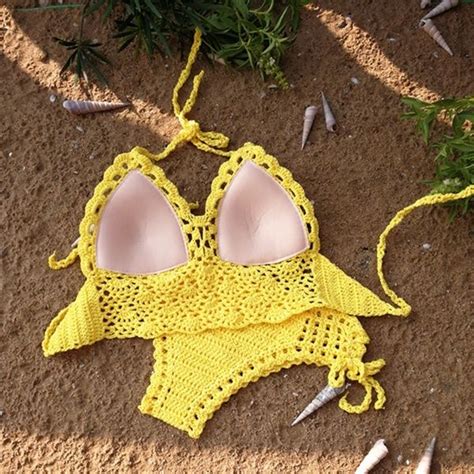 handmade crochet lace knit bra boho women swimwear beach push up bikini halter cami tank crop