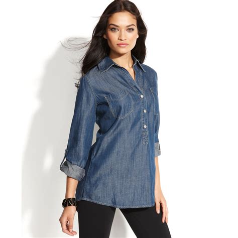 Inc International Concepts Roll Tab Sleeve Chambray Tunic In Blue