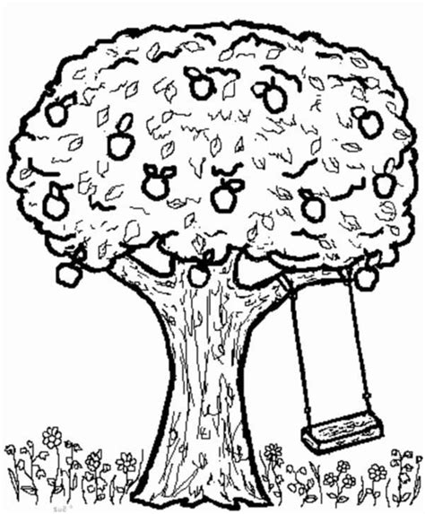Green grass, red apples, brown trunk and with green leaves. Apple Tree and Swing Coloring Page | Tree coloring page ...