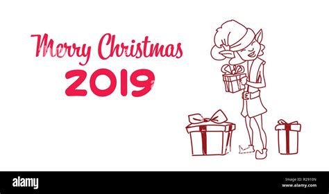 christmas elf girl cartoon character santa helper hold present box sketch doodle horizontal