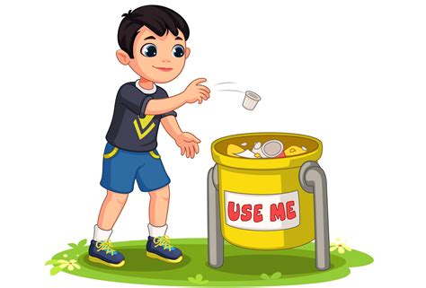 Little Boy Throwing Garbage In Trash Bin Vector Illustration 1308151