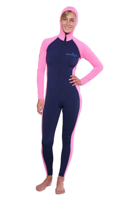 Ladies Full Body Uv Swimsuit With Hood Sun Protective Upf50 Navy Pink Chlorine Resistant