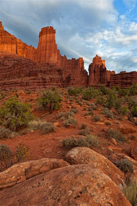 Fisher Towers And Clouds At Sunset Utah Moab Castle Valley