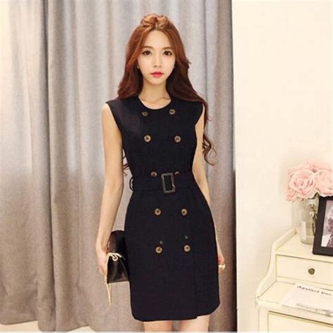 Te9002hbb Korean Style Double Breasted Sleeveless Dress With Jacket