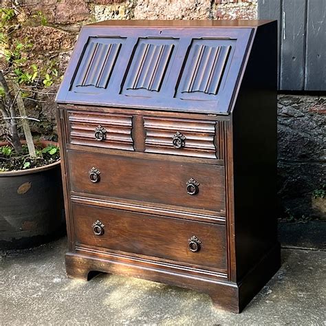 Vintage Carved Oak Linenfold Bureau Treasure Trove Antiques