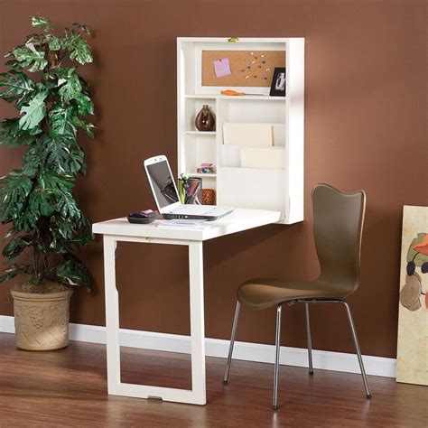 White Wall Mounted Computer Desk Folding Writing Table With Storage