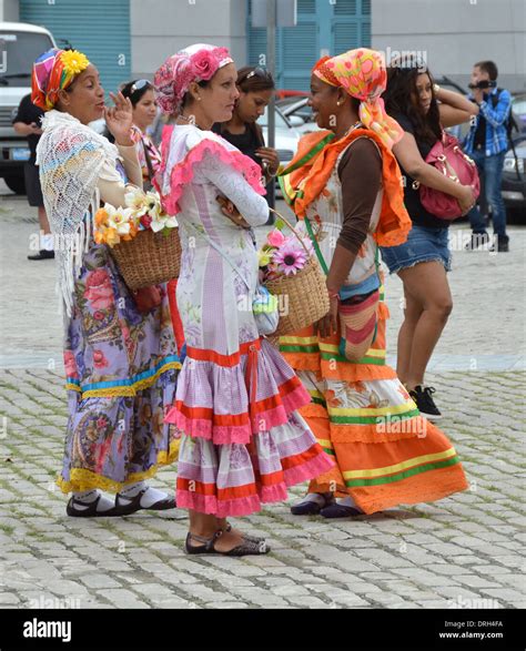 Group Of Cuban Women In Havana In Traditional Dress Stock Photo Alamy