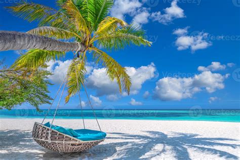Tropical Beach Background As Summer Relax Landscape With Beach Swing Or Hammock And White Sand
