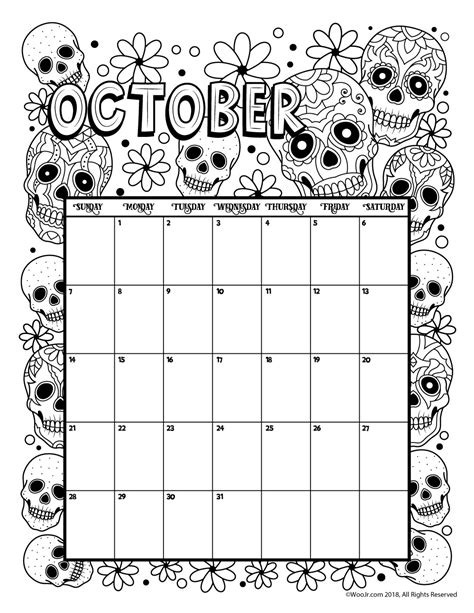 October 2018 Coloring Calendar Page Woo Jr Kids Activities