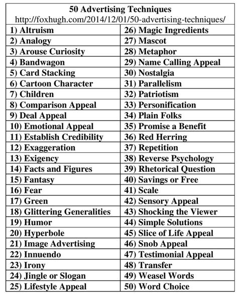 Advertising is part of our every day life, most of the time to annoy us. 50 Advertising Techniques Table | English | Pinterest ...