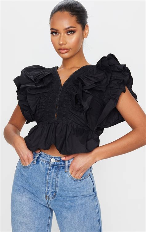 Black Woven Ruffle Crop Top Tops Prettylittlething Usa