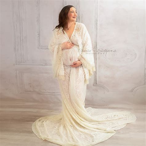 Photo Shoot Boho Long Bell Sleev Maternity Dress Pregnant Gown Lace