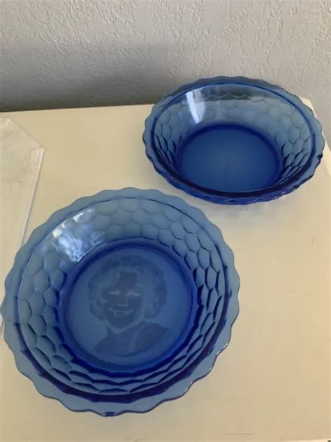 VINTAGE SHIRLEY TEMPLE Cobalt Blue Glass Hazel Atlas Cereal Bowl X2 9