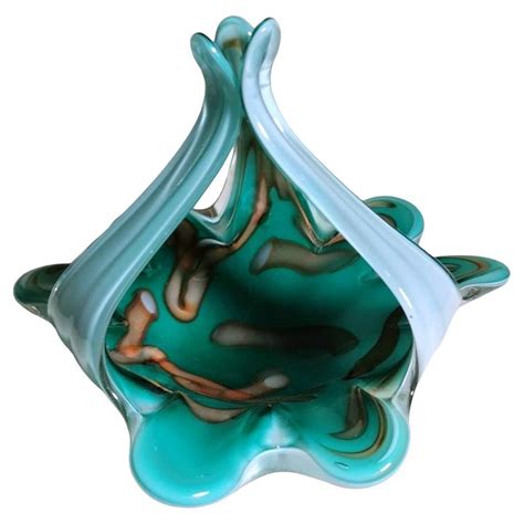 A Shimmering Murano Mid Century Aqua Marine Ribbed Art Glass Basket At 1stdibs