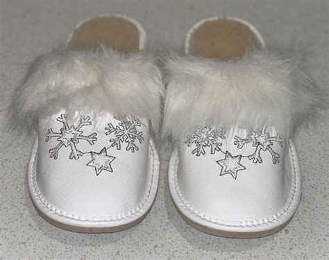 White Snowflake Women Slippers Hand Made With Natural Leather Etsy