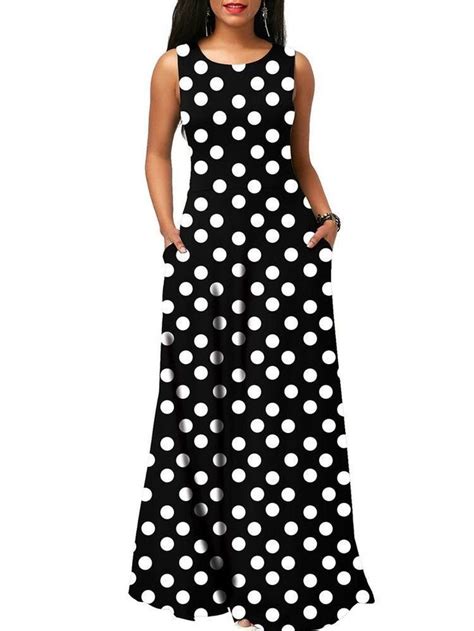 Elegant Round Neck Polka Dots Maxi Dress Polka Dot Maxi Dresses Maxi