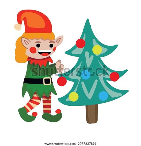 Happy Christmas Elf Decorating Tree Vector Stock Vector Royalty Free