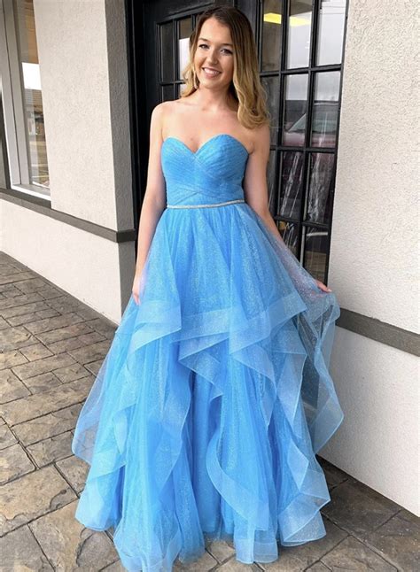 Princess A Line Sweetheart Blue Glitter Tulle Long Prom Dresses