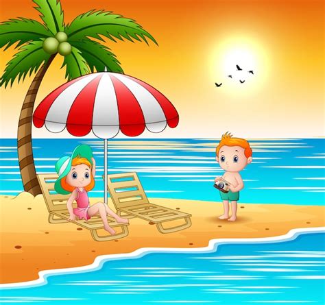 Los Niños De Dibujos Animados Se Relajan En La Playa Vector Premium