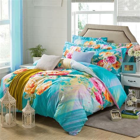 Aqua Blue And Yellow Abstract Classic Country Floral Full Queen Size