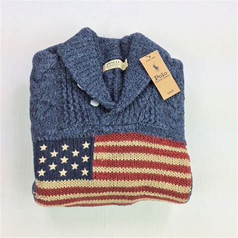 Polo Ralph Lauren Men Us American Flag Cable Knit Shawl Sweater M L Ebay