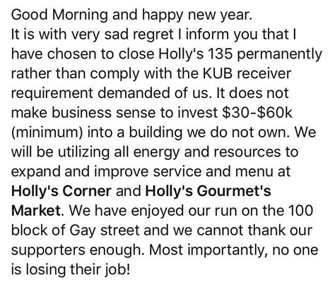 Hollys 135 Closing Due To Kub Receiver Issue Rknoxville