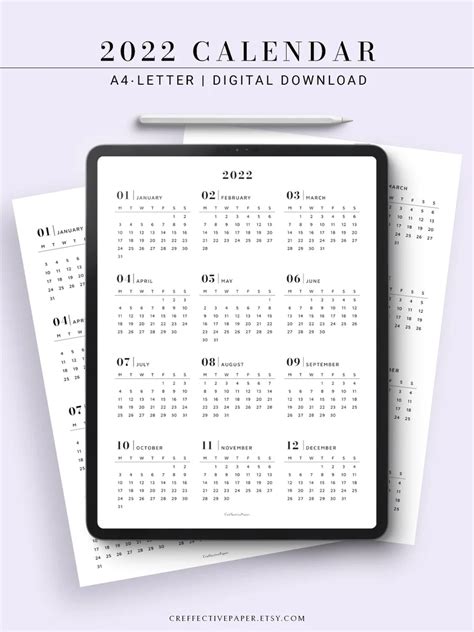 2022 Calendar Printable Template Year At A Glance Minimalist Etsy