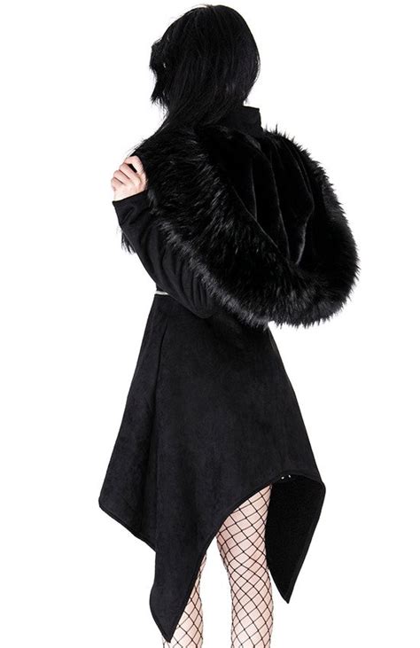 Black Long Gothic Coat With Oversized Furry Hood MYSTERIUM COAT Restyle