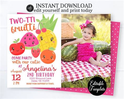 Editable Two Tti Fruitti 2nd Birthday Invitation With Photo Etsy