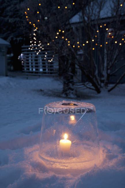 Lit Up Candle On Snow Close Up Shot — Outdoors Finland Stock Photo