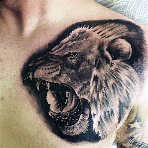 Roaring Angry Lion Guys Black And Grey Ink Shaded Chest Tattoo Design Ideas Lion Tattoo Girls
