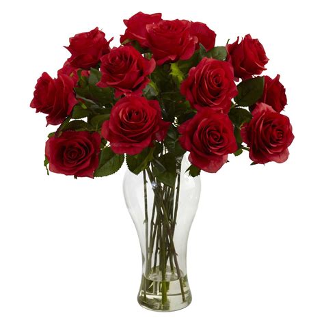 Nearly Natural Blooming Roses With Vase Red