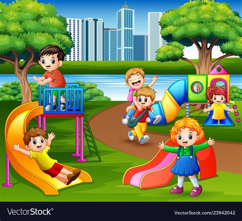 Happy Children Playing In School Playground Vector Image