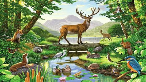 Animals Forest Art Water Bird Painting Animal Deer Hd Wallpaper