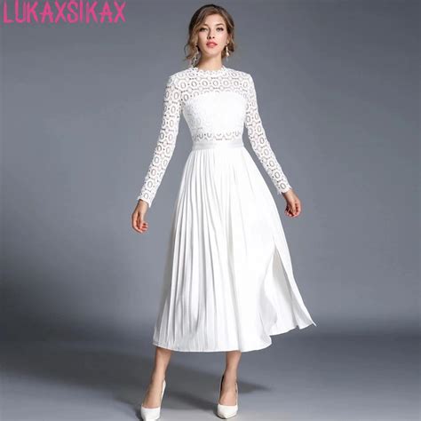 New Arrival 2018 Women Spring Autumn Long Sleeve Dress High Quality Hollow Out Lace Patchwork