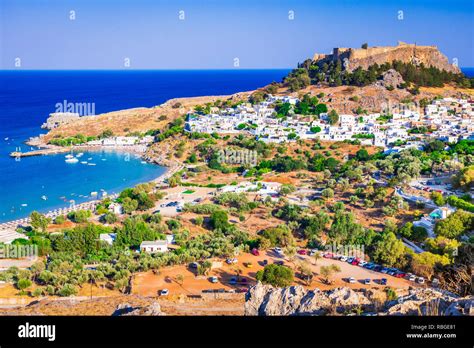 Rhodes Greece Lindos Small Whitewashed Village And The Acropolis