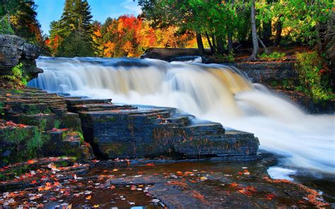River Waterfall Fall Rocks Trees Landscape Autumn G Wallpaper