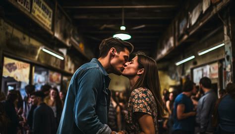 Young Couple Embracing And Kissing In Illuminated Subway Station