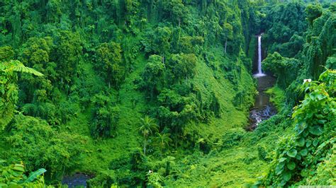 Waterfall Pouring On Lake Surrounded By Green Trees Covered Mountains