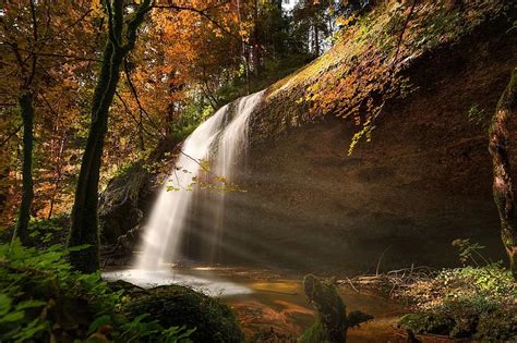 Nature Autumn Waterfall Sunbeam Forest Landscape Tree Leaves