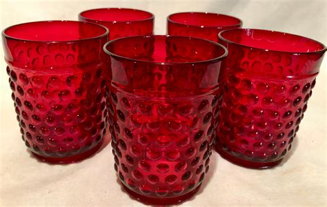 Antique Ruby Red Hobnail Depression Glass Juice Water Glass Set Of Five